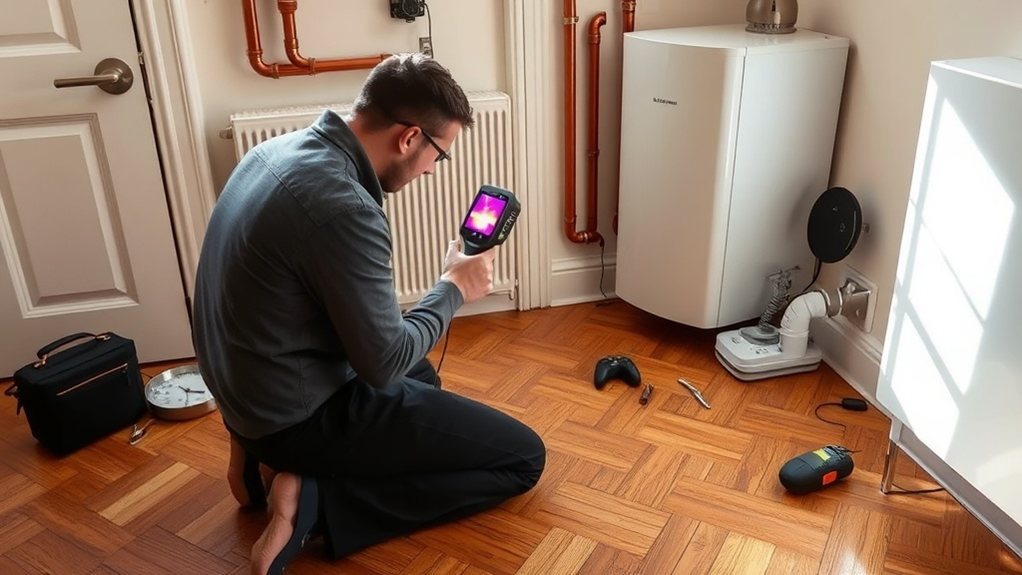 Engineer locating central heating leak using thermal imaging in Abbey Wood